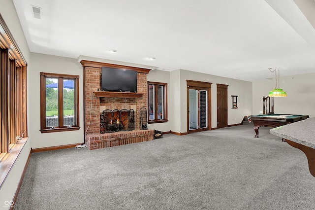 3592 W Smokey Row Rd, Bargersville, IN 46106 - unfurnished living room featuring carpet, pool table, and a brick fireplace