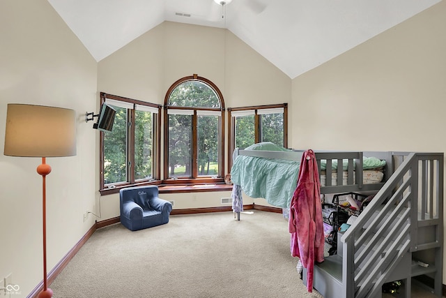3592 W Smokey Row Rd, Bargersville, IN 46106 - carpeted bedroom with high vaulted ceiling and baseboards