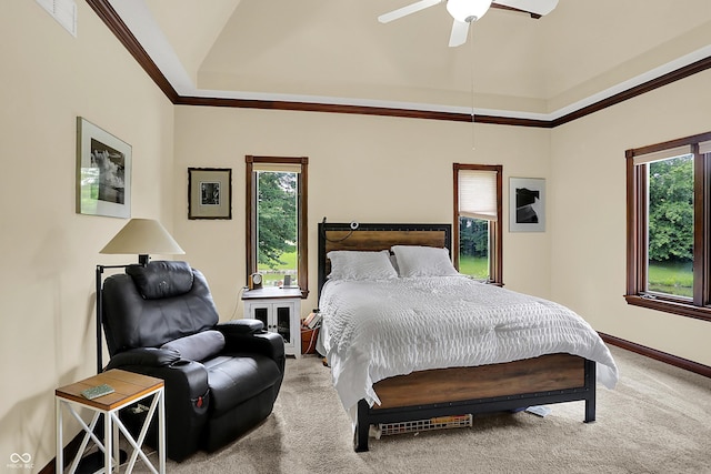 3592 W Smokey Row Rd, Bargersville, IN 46106 - bedroom featuring lofted ceiling, multiple windows, carpet floors, crown molding, and a ceiling fan