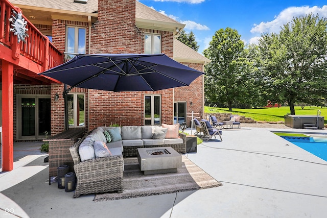 3592 W Smokey Row Rd, Bargersville, IN 46106 - patio / terrace featuring an outdoor living space with a fire pit, a patio, a hot tub, and an outdoor pool