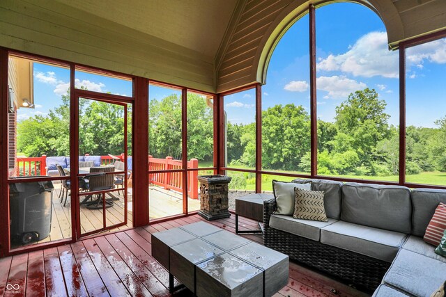 3592 W Smokey Row Rd, Bargersville, IN 46106 - sunroom featuring outdoor lounge area, vaulted ceiling, and outdoor dining space