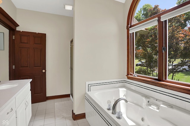 3592 W Smokey Row Rd, Bargersville, IN 46106 - bathroom featuring tile patterned flooring, a tub with jets, vanity, and a shower stall