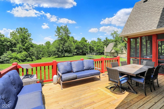 3592 W Smokey Row Rd, Bargersville, IN 46106 - deck featuring outdoor dining area, an outdoor living space, a yard, and a sunroom