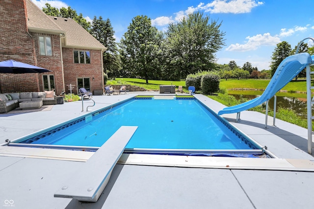 3592 W Smokey Row Rd, Bargersville, IN 46106 - outdoor pool with a water slide, a patio area, an outdoor living space, and a diving board