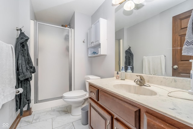 3592 W Smokey Row Rd, Bargersville, IN 46106 - full bathroom featuring vanity, a shower stall, marble look tile flooring, and a ceiling fan