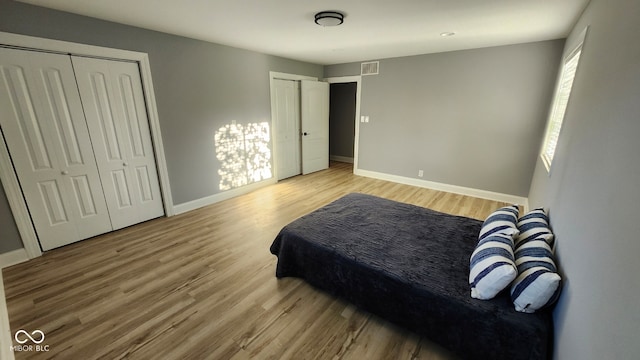 bedroom with hardwood / wood-style flooring and multiple closets