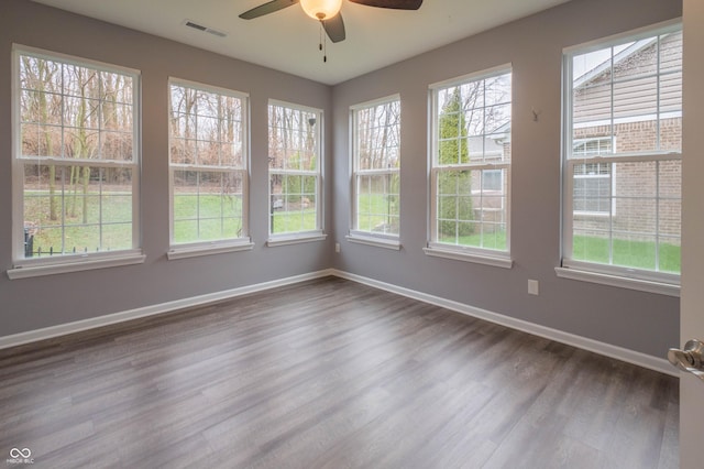 unfurnished sunroom featuring ceiling fan and visible vents