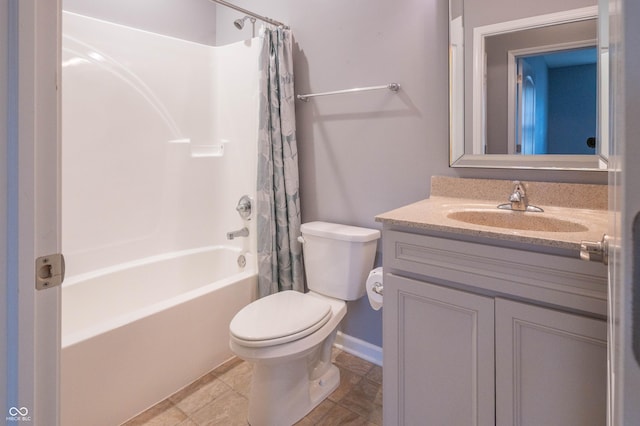 full bathroom with toilet, shower / bath combo, and vanity