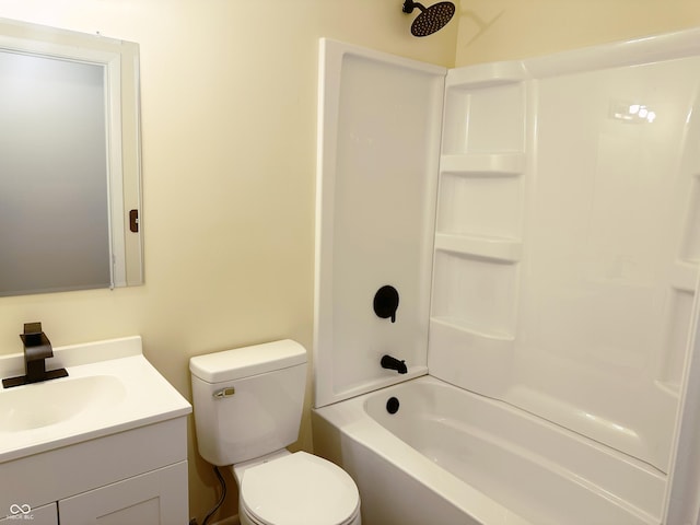 full bathroom with vanity, bathtub / shower combination, and toilet