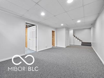 basement featuring carpet flooring and a paneled ceiling