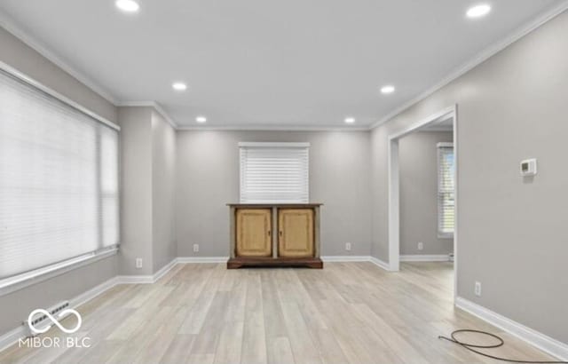 empty room featuring light hardwood / wood-style flooring, plenty of natural light, and ornamental molding