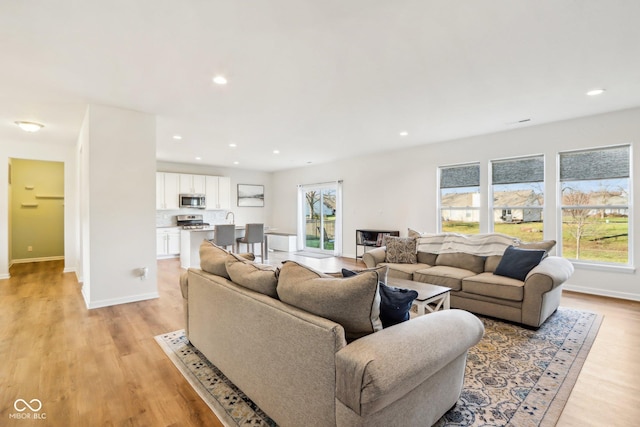 living room with light hardwood / wood-style flooring, a healthy amount of sunlight, and sink