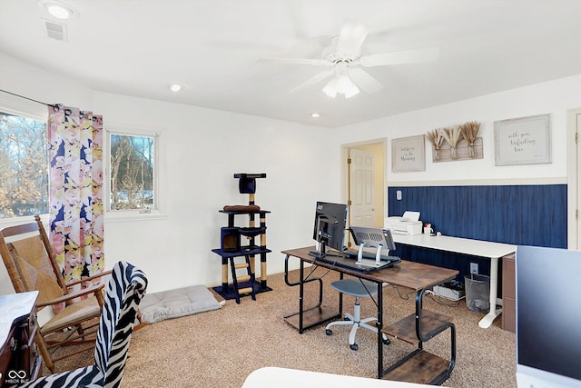 office with ceiling fan and carpet