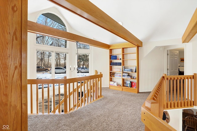 hall with lofted ceiling with beams, carpet floors, built in shelves, and a wealth of natural light