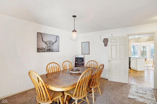 dining area with light colored carpet