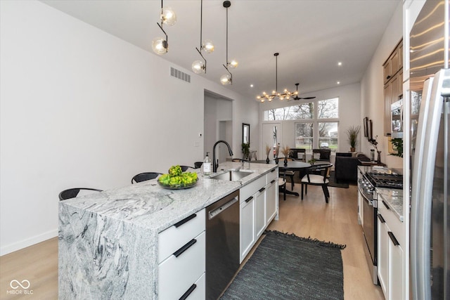 kitchen featuring a center island with sink, white cabinets, sink, light stone countertops, and stainless steel appliances