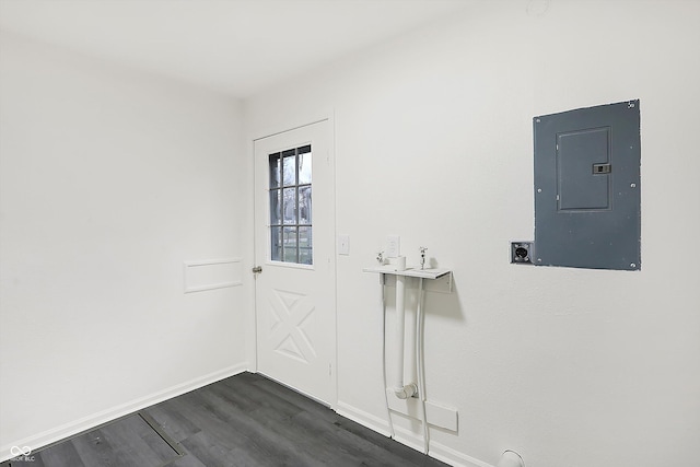 doorway to outside with dark hardwood / wood-style floors and electric panel