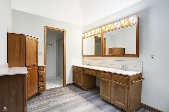 bathroom with vanity, a shower with shower door, and wood-type flooring