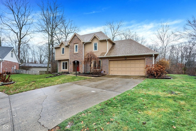 view of front of property with a front lawn and a garage