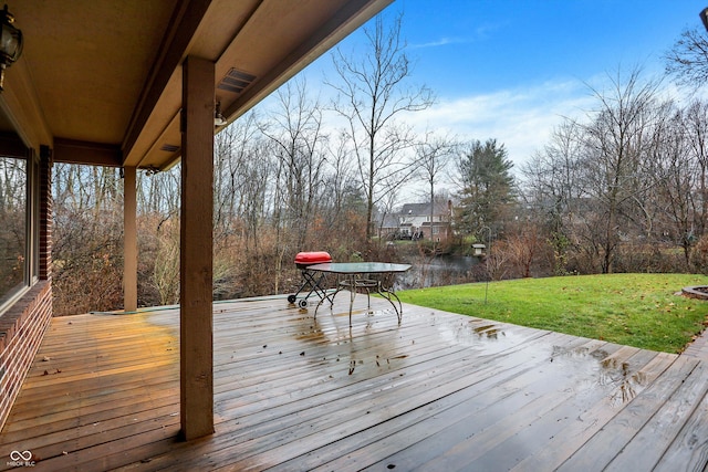 wooden terrace with a lawn