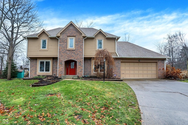 front facade featuring a front lawn and a garage