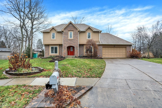 front facade featuring a front yard and a garage