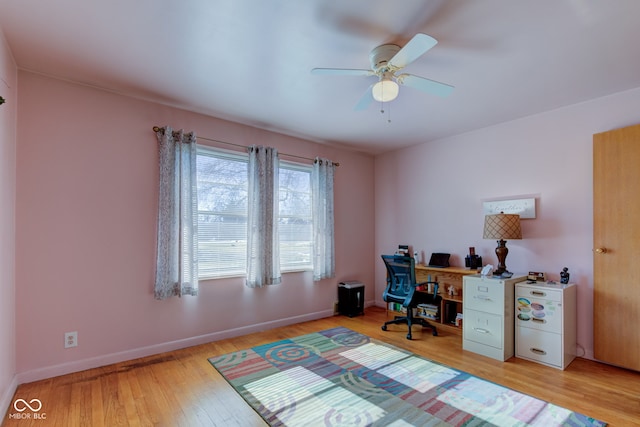 home office with ceiling fan and light hardwood / wood-style flooring