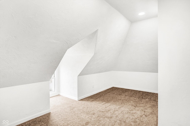 additional living space featuring carpet flooring, a textured ceiling, and lofted ceiling