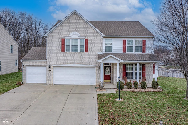 view of front of property featuring a porch, a garage, and a front lawn