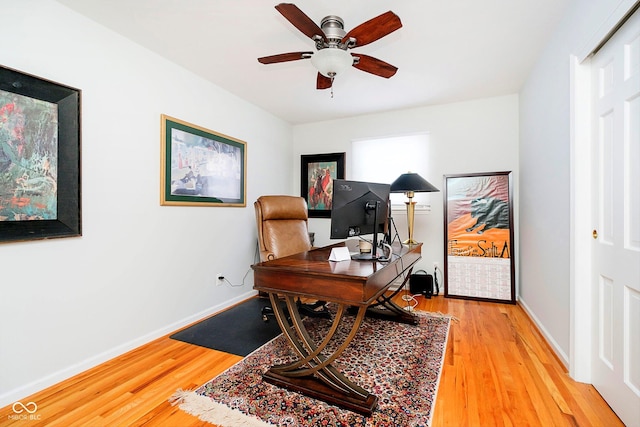 office space with ceiling fan and wood-type flooring