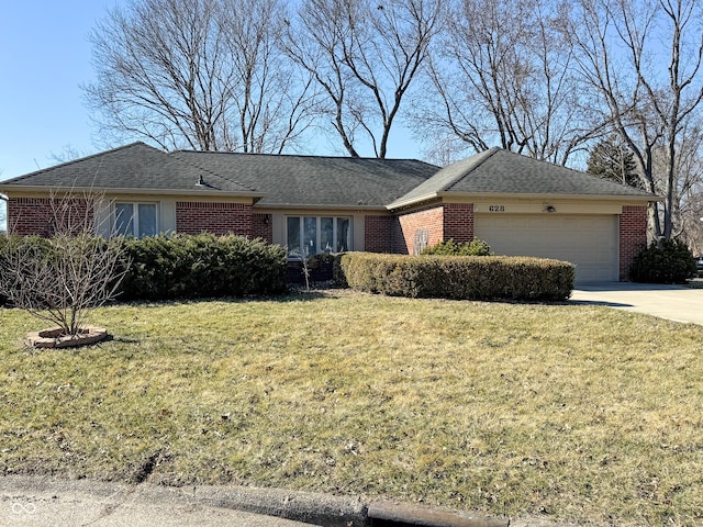 ranch-style house with driveway, brick siding, a front lawn, and an attached garage