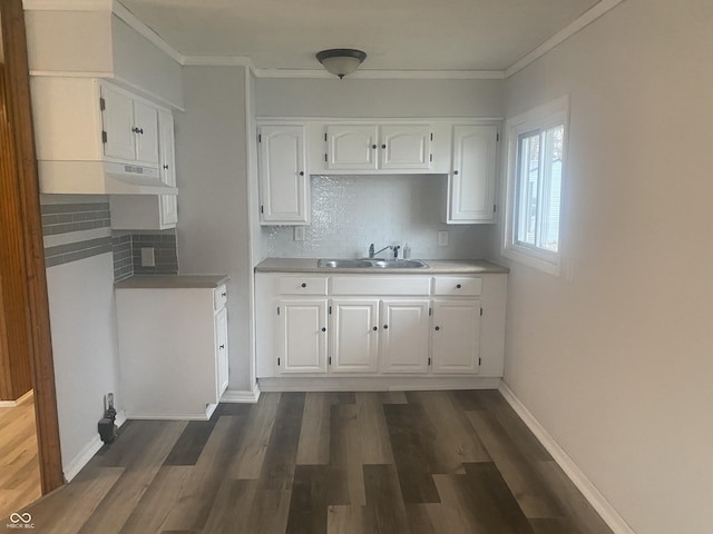 kitchen featuring dark hardwood / wood-style floors, white cabinetry, ornamental molding, and sink