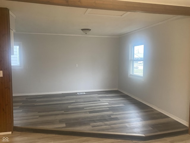 spare room featuring ornamental molding and dark wood-type flooring