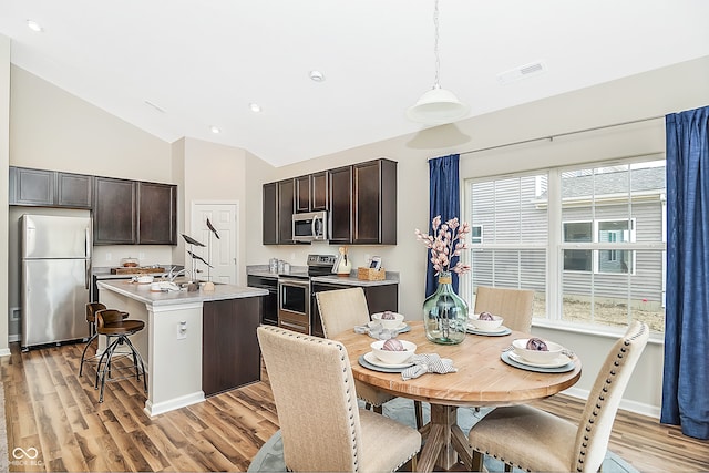 kitchen with pendant lighting, dark brown cabinets, an island with sink, and appliances with stainless steel finishes