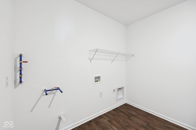 laundry room featuring washer hookup, dark wood-style floors, hookup for a gas dryer, baseboards, and laundry area