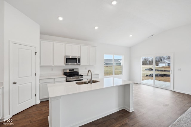 kitchen featuring a center island with sink, a sink, stainless steel appliances, lofted ceiling, and dark wood-style flooring