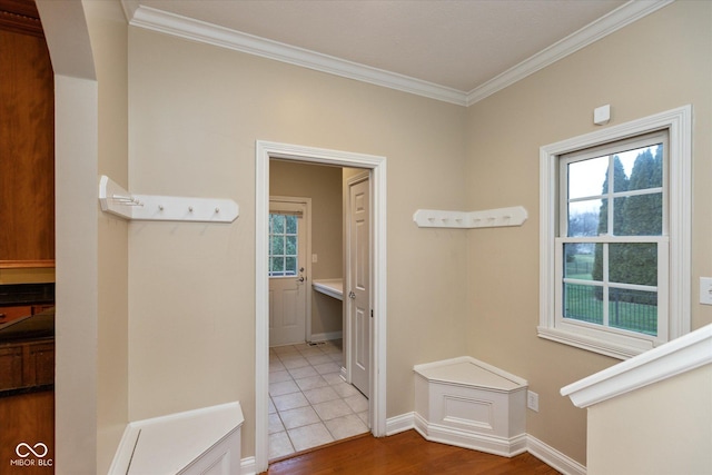 hallway with plenty of natural light, wood-type flooring, and crown molding