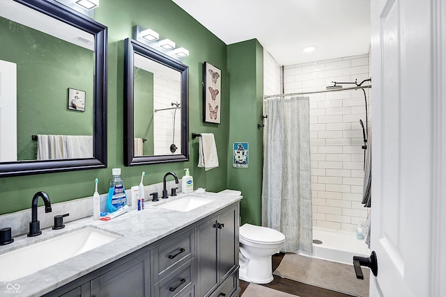 bathroom with a shower with curtain, toilet, and vanity