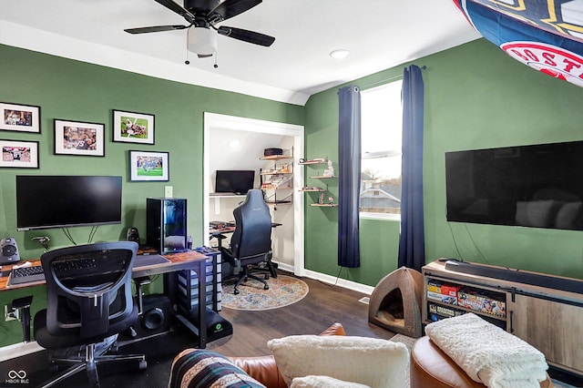 home office with ceiling fan and hardwood / wood-style flooring