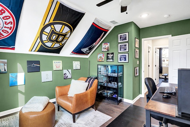 home office with ceiling fan and wood-type flooring