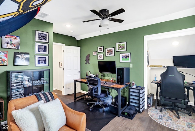 office area featuring ceiling fan and wood-type flooring