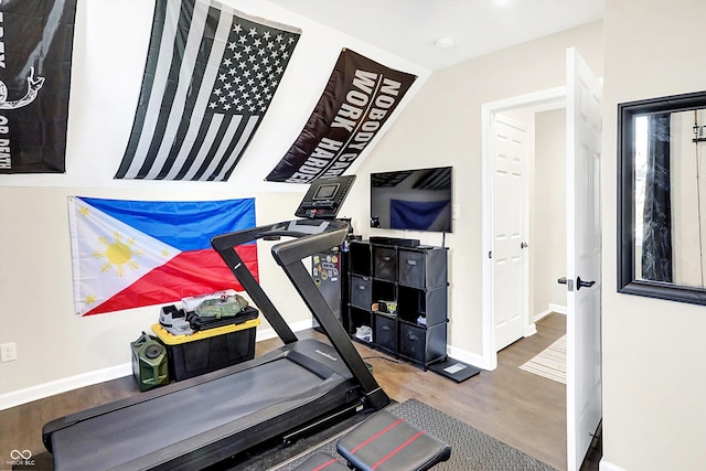 workout room with hardwood / wood-style floors