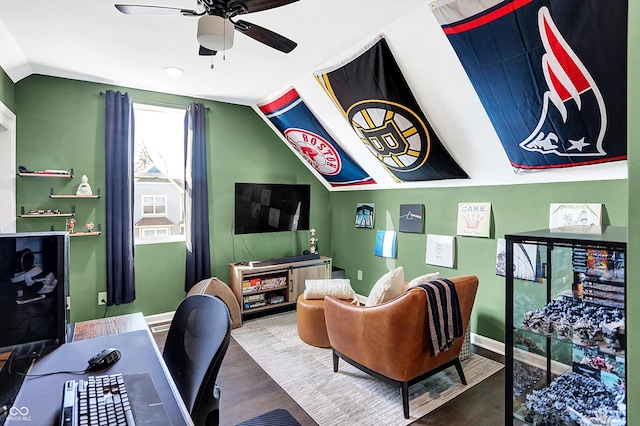 interior space featuring ceiling fan, hardwood / wood-style floors, and lofted ceiling