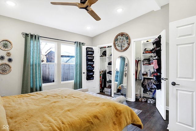 bedroom featuring ceiling fan and dark wood-type flooring