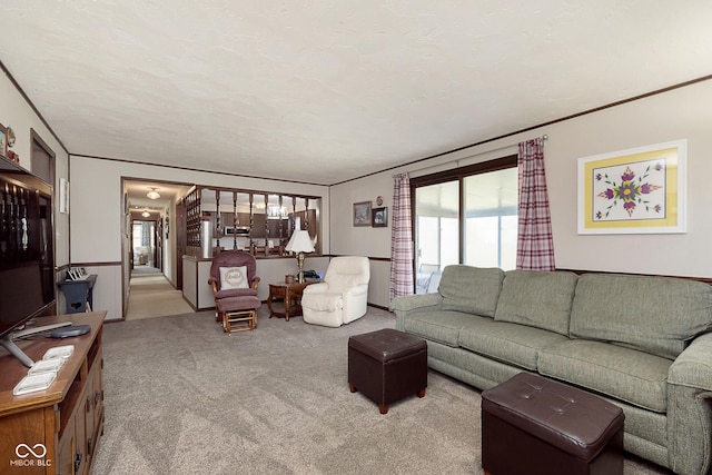 carpeted living room with a textured ceiling