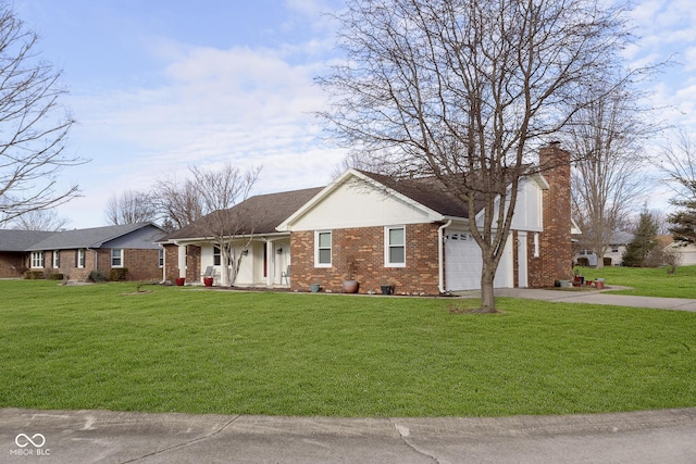 single story home featuring a garage and a front lawn