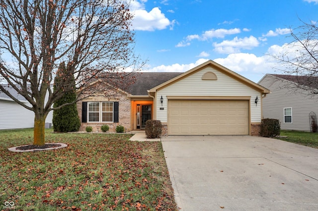 ranch-style house with a garage and a front lawn