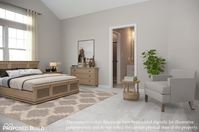 bedroom with ensuite bath, light colored carpet, and lofted ceiling