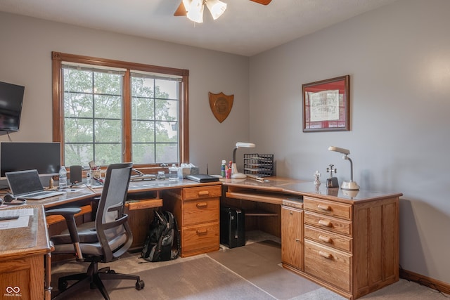 office with ceiling fan and light colored carpet