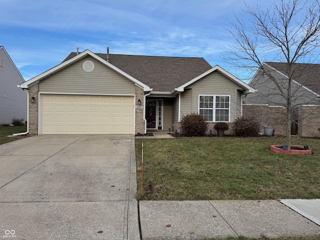 single story home featuring a front yard and a garage